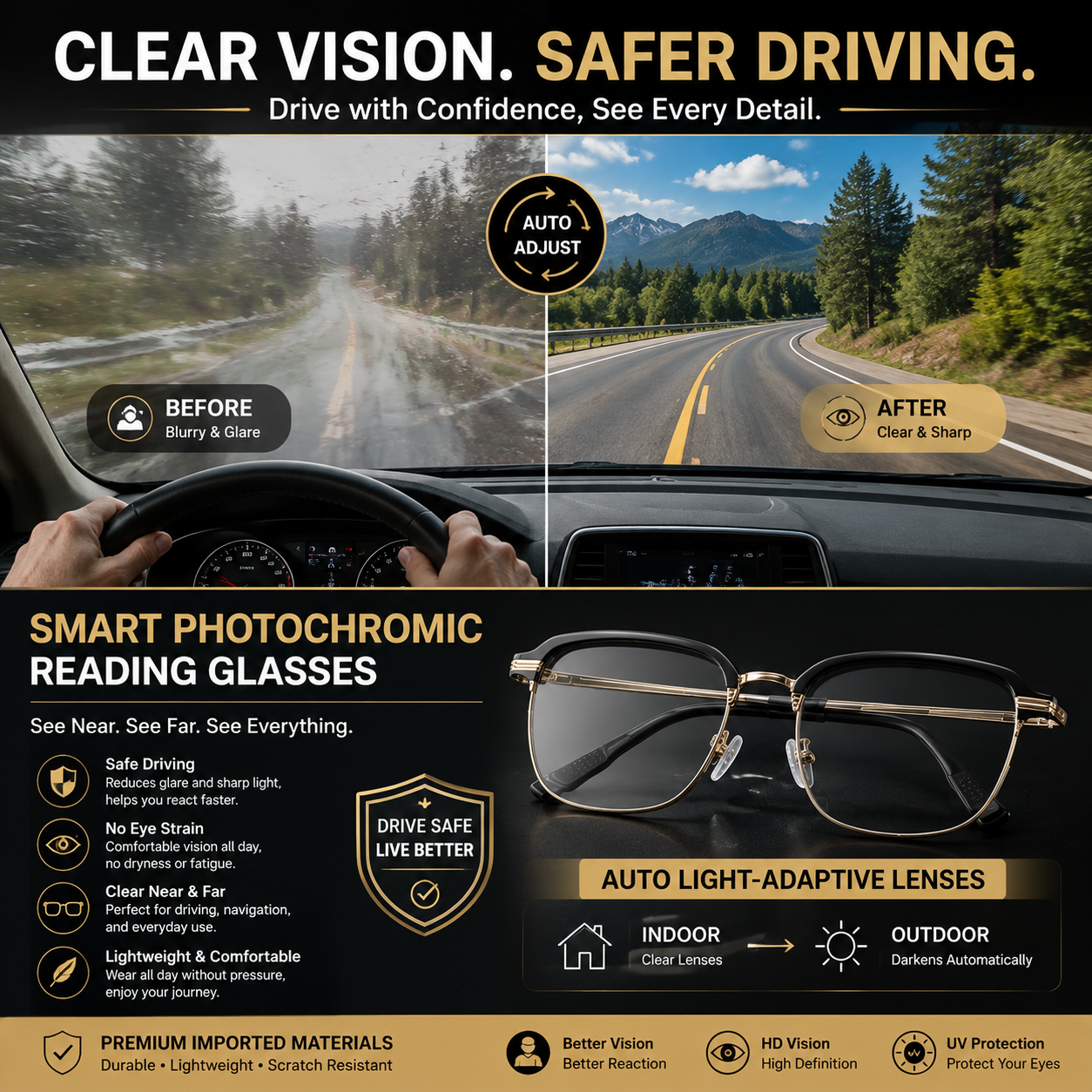 ClearVision Smart Reading Glasses – Auto Darkening Photochromic Lens For Reading, Screens & Outdoor Use-OKN