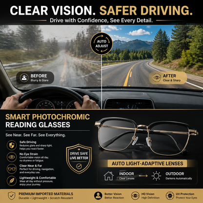 ClearVision Smart Reading Glasses – Auto Darkening Photochromic Lens For Reading, Screens & Outdoor Use-OKN