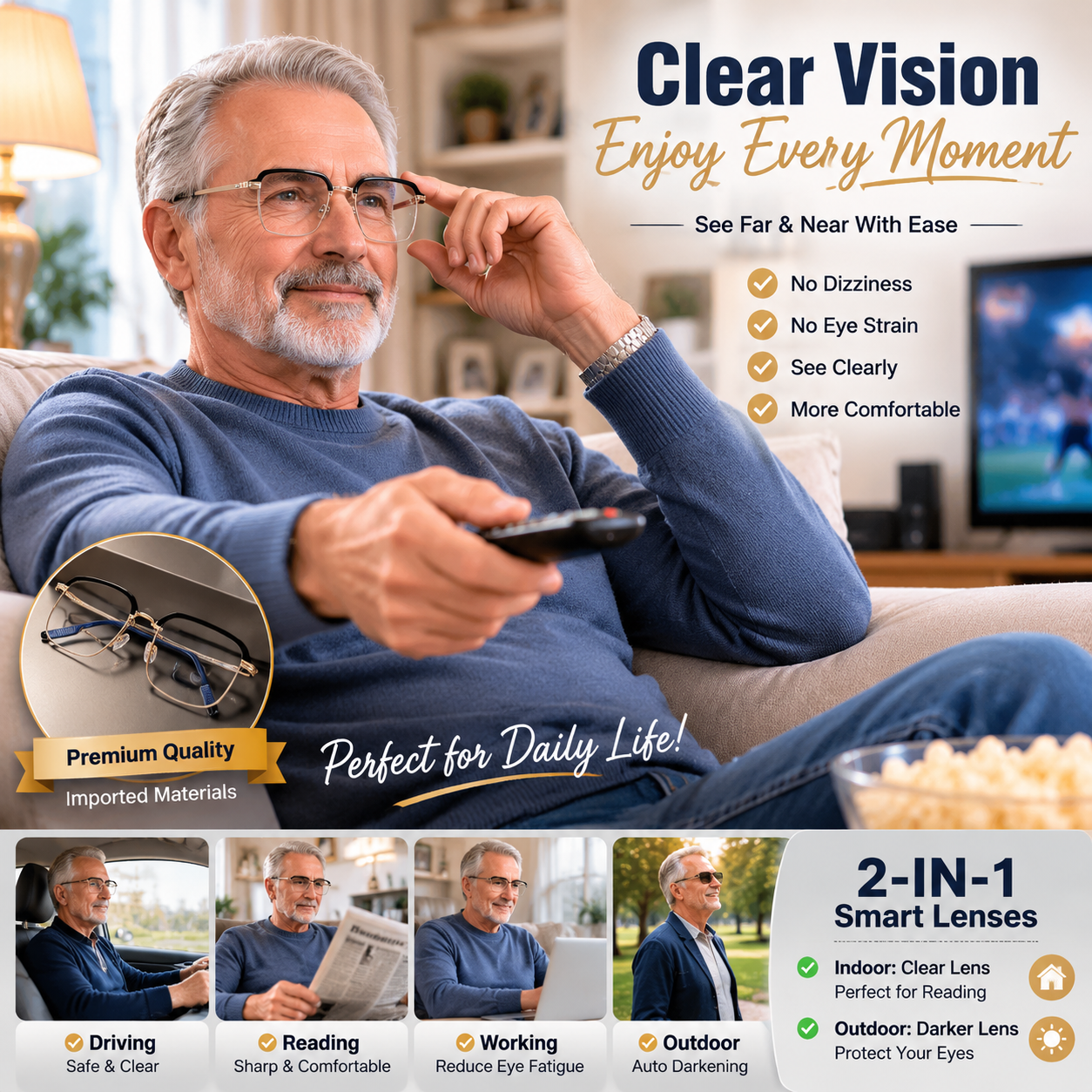 ClearVision Smart Reading Glasses – Auto Darkening Photochromic Lens For Reading, Screens & Outdoor Use-OKN