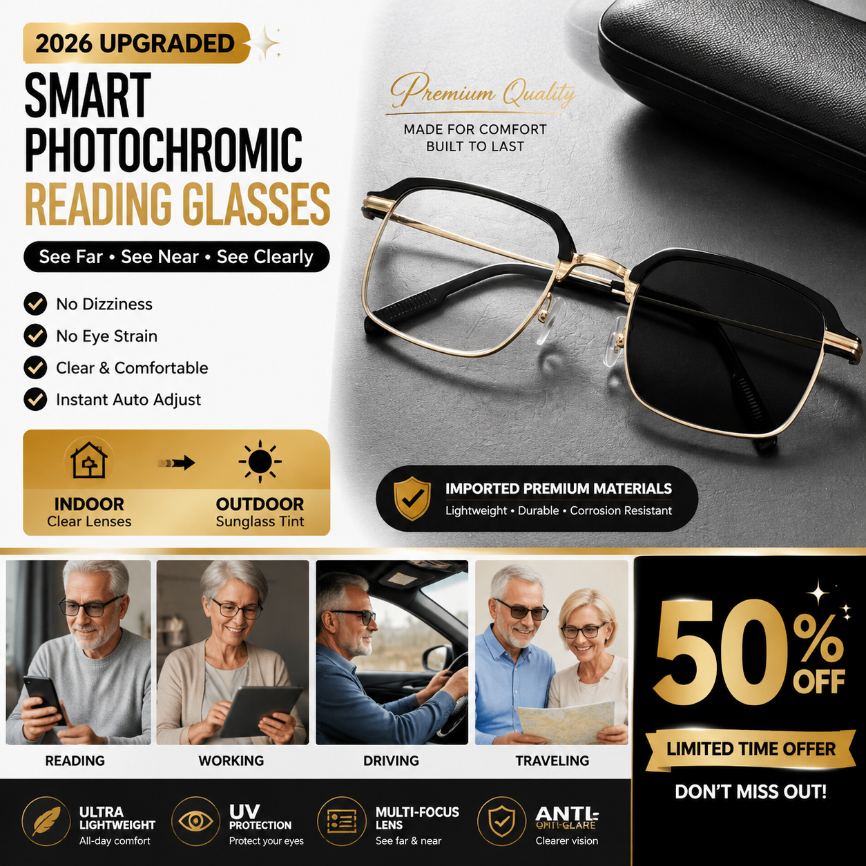 ClearVision Smart Reading Glasses – Auto Darkening Photochromic Lens For Reading, Screens & Outdoor Use-OKN