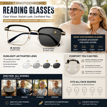 ClearVision Smart Reading Glasses – Auto Darkening Photochromic Lens For Reading, Screens & Outdoor Use-OKN