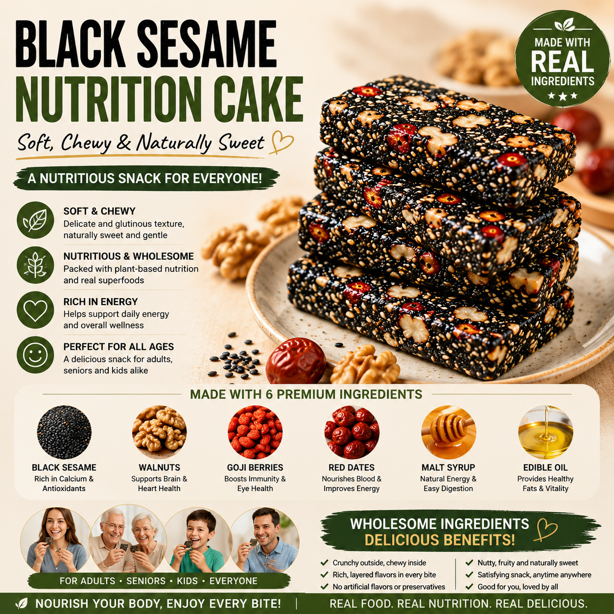 Premium Five Black Superfood Cake – Black Sesame, Walnut & Red Date Natural Nutrition Snack-OKN