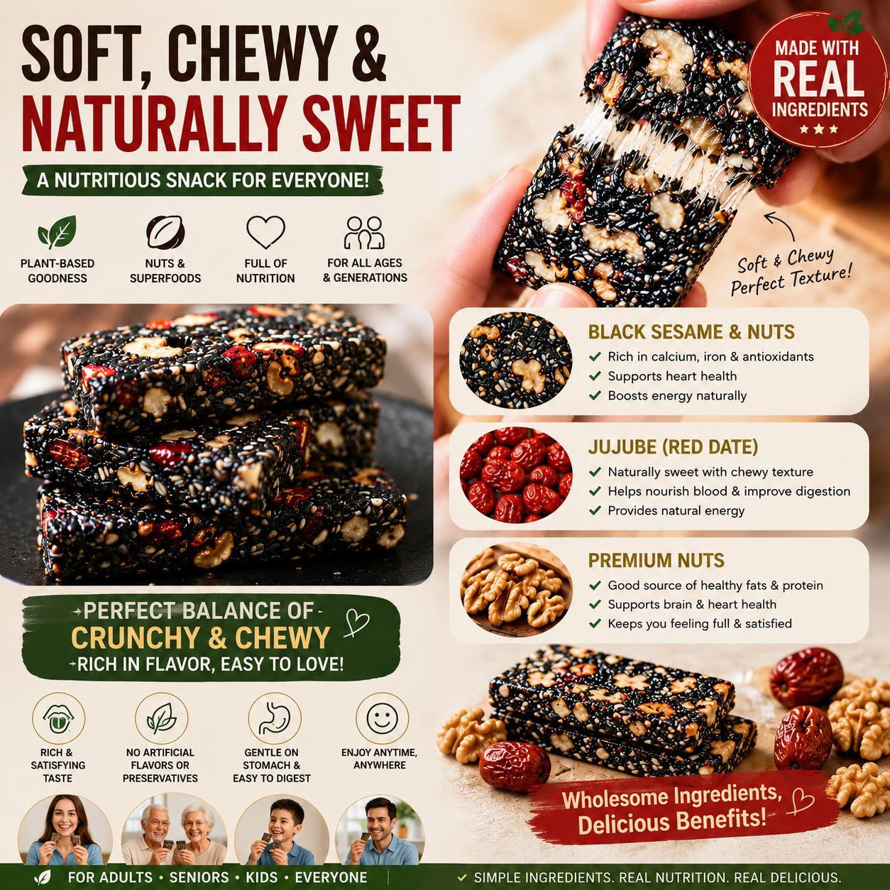 Premium Five Black Superfood Cake – Black Sesame, Walnut & Red Date Natural Nutrition Snack-OKN
